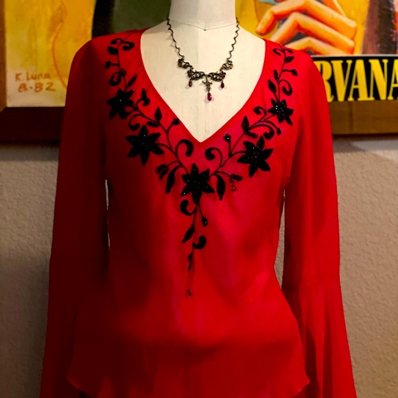Pretty red festive sheer blouse with black embroidered flowers with black beads. - Picture 2 of 5